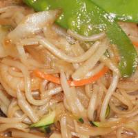 Shrimp Chow Mein · Shrimp, stir-fried soft noodle dish with white onion, cabbage, mushroom, carrots, water ches...
