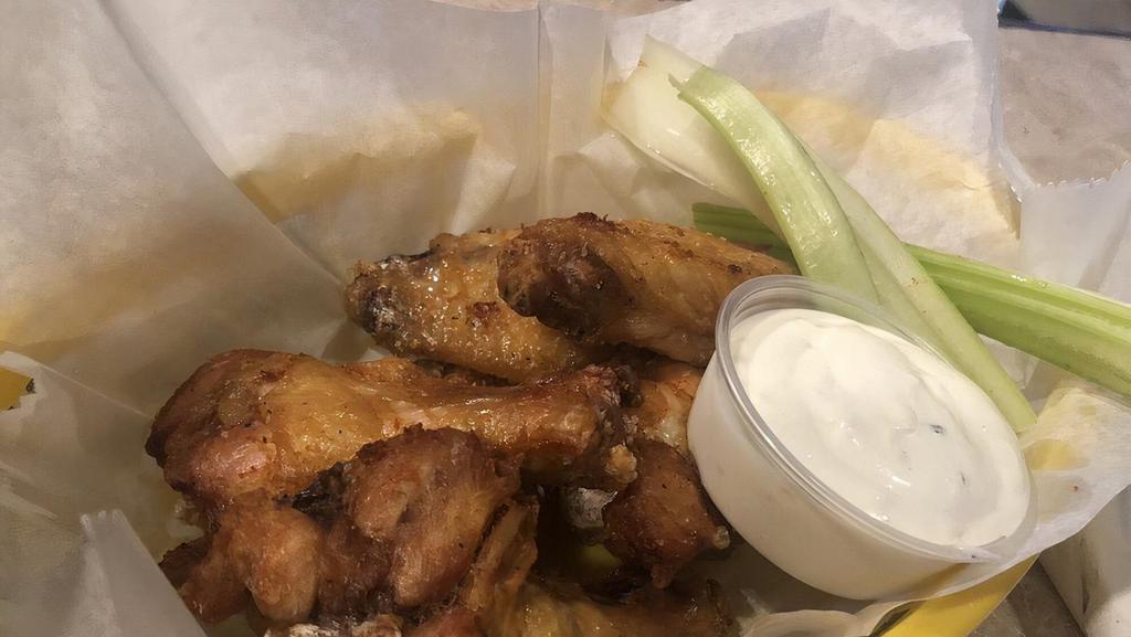 Traditional Wings (6) · Your choice of sauce, from mild to spicy served with blue cheese or ranch dressing.