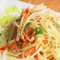 Papaya Salad (Gf) · Shredded papaya, greenbeans tomatoes, peanuts, and dried shrimp, mixed with Thai hot & sour ...
