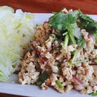 Larb (Gf) · Choice of ground chicken or pork mixed with rice powder, onions Thai chili. powder and lime ...