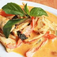 Panang Curry (Gf) · Panang curry and Thai basil leaves sauteed coconut milk with choice of chicken, pork, beef, ...