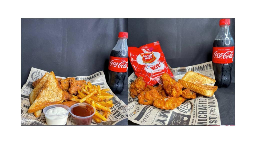 10 Piece Wing · CRISPY BREADING. ALSO COMES IN A HOT AND SPICY DELICIOUDLY MEATY, BONE-IN CHICKEN WINGS COATED WITH A  LIGHT, SAVORY AND FLAVOR. COMES IN REGULAR OR SPICY SERVED WITH FRIES OR CHIPS AND  GILLED TEXAS AND DRINK OF  YOUR CHOICE.  RANCH OR BBQ DIPPING SAUCE.