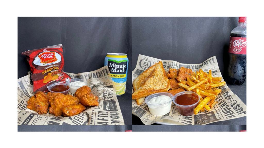 6 Piece Wing  · CRISPY BREADING. ALSO COMES IN A HOT AND SPICY DELICIOUDLY MEATY, BONE-IN CHICKEN WINGS. COATED WITH A  LIGHT, SAVORY AND FLAVOR.  SERVED WITH FRIES OR CHIPS AND  GILLED TEXAS AND DRINK OF  YOUR CHOICE.  RANCH OR BBQ DIPPING SAUCE.