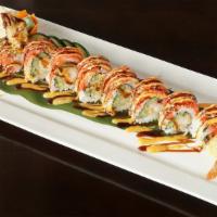 Crunch Roll · Shrimp tempura, cucumber, kaiware inside, topped with crunch, masago, and nori fumi.