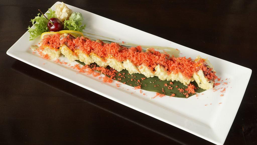 Bmw Roll · Spicy tuna, spicy salmon, and spicy yellowtail with avocado, deep-fried, topped with eel, wasabi, and spicy mayo sauce.
