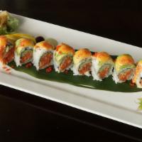 Maple Grove Roll · Spicy tuna and cucumber inside, with king crab, avocado, masago, and spicy sauce on top.