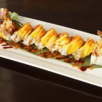 Angry Dragon Roll · Shrimp tempura and avocado inside, topped with spicy lobster salad and mango in sweet mango ...