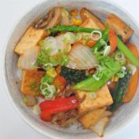 Atsuage Don · organic fried tofu, bell pepper, onion, edamame, corn, mushroom, broccoli, green onion, in a...