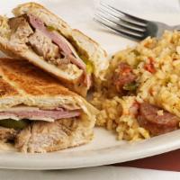 Cuban Sandwich (Meal) · Pork roast, ham, swiss cheese, mustard, pickle.