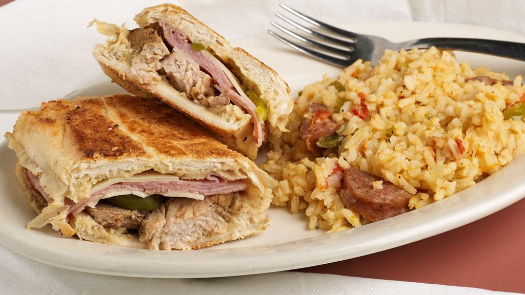 Cuban Sandwich (Meal) · Pork roast, ham, swiss cheese, mustard, pickle.