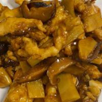 Chicken With Black Mushrooms ＆ Bamboo Shoots · Lightly pan fried slices of chicken stir fry black mushrooms and bamboo shoots in a tasty br...