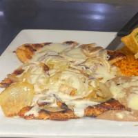 Pollo Loco · Chicken breast topped with grilled onions and cheese sauce. Served with rice, beans and toss...
