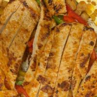 Grilled Chicken Salad · Lettuce with tomatoes, cucumbers, onions, bell pepper and cheese topped with grilled chicken.