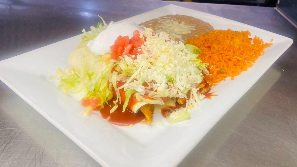 Enchiladas Mexicanas · Two flour tortillas filled with grilled chicken or steak. Served with rice and beans, lettuce, sour cream, guacamole & tomatoes.
