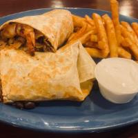 Burrito Street · 12” Grilled crispy tortilla filled with steak or chicken and four fried jumbo shrimp wrapped...