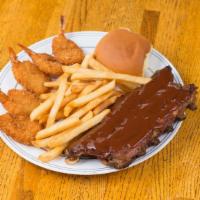1/2 Slab Ribs & Shrimp Dinner · Half slab of ribs and 5pc. shrimp combo dinner.  Includes one cold side and one hot side.