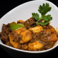 Shrimp Kadai Masala · Shrimp with bell peppers, onions and tomatoes.