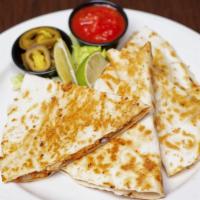 Quesadilla Chicken · Tortilla chips with sour cream, guacamole, pico de gallo, olives, lettuce and sliced jalapeñ...