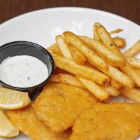 Fish N Chipsfry · Four pieces of fried cod, french fries, two pieces of Rye bread served with coleslaw.