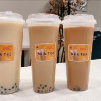 Milk Tea  · Made of fresh brewed tea and dairy free creamer. Severed hot or cold, serving size 22oz. Thr...