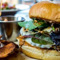 Chicken Sandwich · Provolone, sun-dried tomato & roasted pepper aioli, mixed greens, red onion and pickle serve...