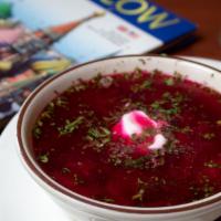 Borscht Soup · Vegetarian, gluten free. Classic Russian soup made with beets, cabbage and potato garnished ...