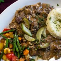 Beef Stroganoff · Beef fillet strips in black pepper sour cream sauce with mushrooms and onion, mashed potatoe...
