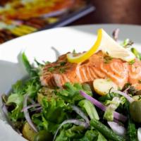 Kamchatka Salad · Gluten free. Smoked salmon, potatoes, green beans, red onion, hard-boiled egg, olives, caper...