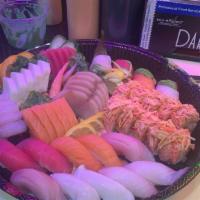 Sushi & Sashimi For Two · 12pcs of Sushi, 16pcs of Sashimi, Friend Roll, & California Roll