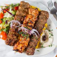 Mixed Kabob Platter · Combination of chicken shish kabob, spicy ground chicken, and vegetable kabob, ground lamb a...