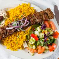 Ground Lamb & Beef Kabob On Skewer · Charbroiled seasoned ground cuts of tender lamb and beef minced onion and parsley served wit...