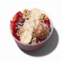 Rambowl · ACAI, STRAWBERRY, BANANA, ALMOND MILK, VEGAN PROTEIN, topped with ALMOND BUTTER, LOCAL STRAW...