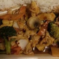 Chicken With Mixed Vegetables · Sliced chicken, broccoli, snow peas, water chestnuts, zucchini, Napa, bamboo shoots and carr...