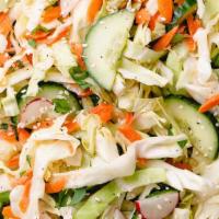 Cabbage Salad · White and red cabbage with carrots, onions, parsley, tomatoes, olive oil, garlic, and fresh ...