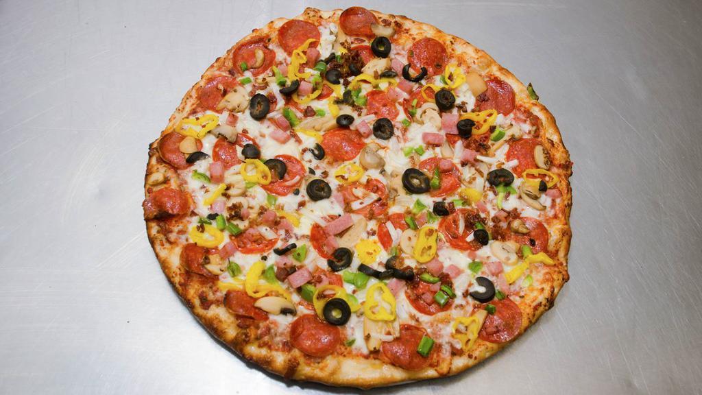 Large Supreme Pizza · Pepperoni, Bacon Ham, Italian Sausage, Ground Beef, Onion, Green Pepper, Black Olive, Banana Pepper, Mushroom