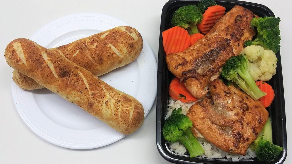 Grilled Salmon And Vegetable With Rice · 2 pc grilled salmon , rice, vegetable with one choice of bread
