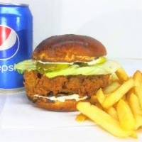 Chicken Sandwich · Fried Chicken Breast, Mayo (regular or spicy), Lettuce, and Pickle With fries and a drink