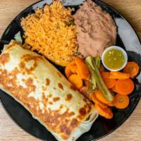 Super Burrito · Choice of meat, beans, onions, cilantro, salsa, rice; side rice and beans.