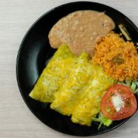 Enchilada Platter (3) · Beef, chicken or cheese, rice, beans and salad.