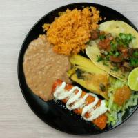 San Pedro Special · 1 Taco with choice of meat, 1 Tamale, 1 Enchilada, served with rice & beans