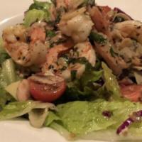 Sicilian Shrimp Salad · Shrimp, crisp lettuce, onions, olives, tomatoes, mushrooms and artichokes tossed with house ...