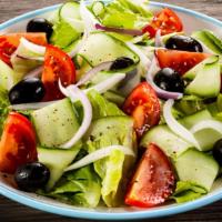 Greek Salad · Romaine, tomato, kalamata olive, Feta, red onion, pepperoncini, Greek dressing.