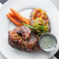 Grizzly'S Smoked Chicken · Served with chicken gravy, a loaded baked potato, and roasted carrots.
