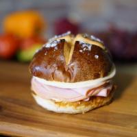 Ham & Cheese On A Pretzel Bun · Regular. Thinly sliced ham with provolone cheese and dijon-mayo. Includes a chocolate dipped...