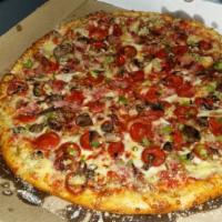 Veggie Pizza · Mozzarella cheese, green pepper, mushroom, black olive, onion, pizza sauce.