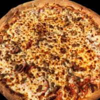 All Meat Pizza · Marinara sauce, pepperoni, Canadian bacon, sausage, beef and 100% mozzarella cheese.