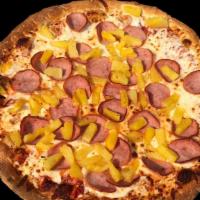 Hawaiian Pizza · Marinara sauce, sliced ham, pineapple and 100% mozzarella cheese and Parmesan cheese.