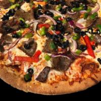 Greek Pizza · Marinara sauce, gyro meat, onion, bell pepper, black olives and 100% mozzarella cheese.