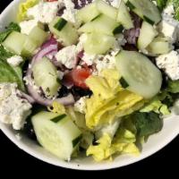 Greek Salad · Lettuce, fresh tomatoes, red onions, cucumbers, black olives, feta cheese, mixture of extra ...
