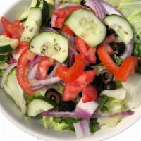 Garden Salad · Lettuce, Onions, Cucumbers, Black Olives, Tomatoes.